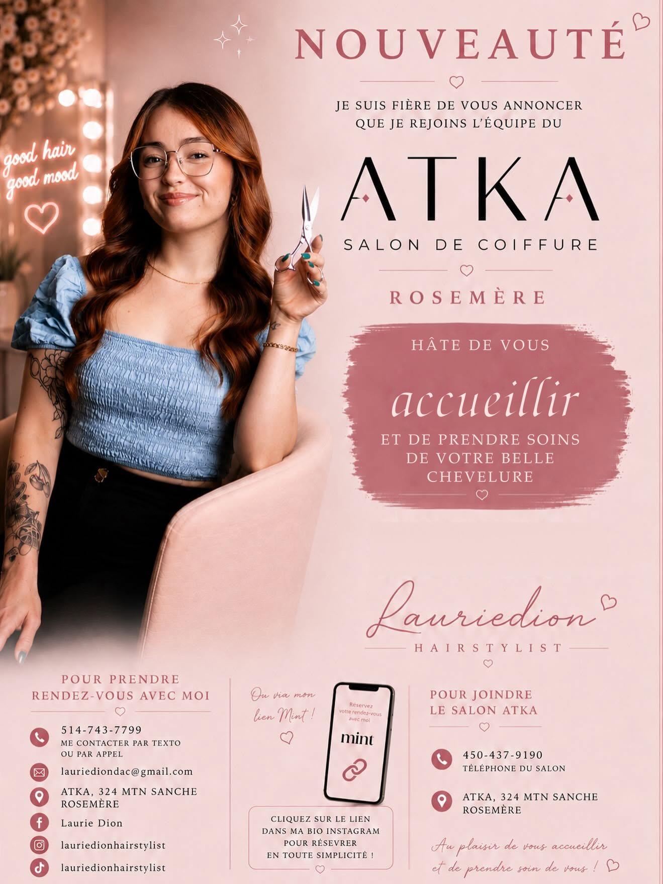 Affiche originale de Laurie Dion annonçant son arrivée au salon ATKA à Rosemère